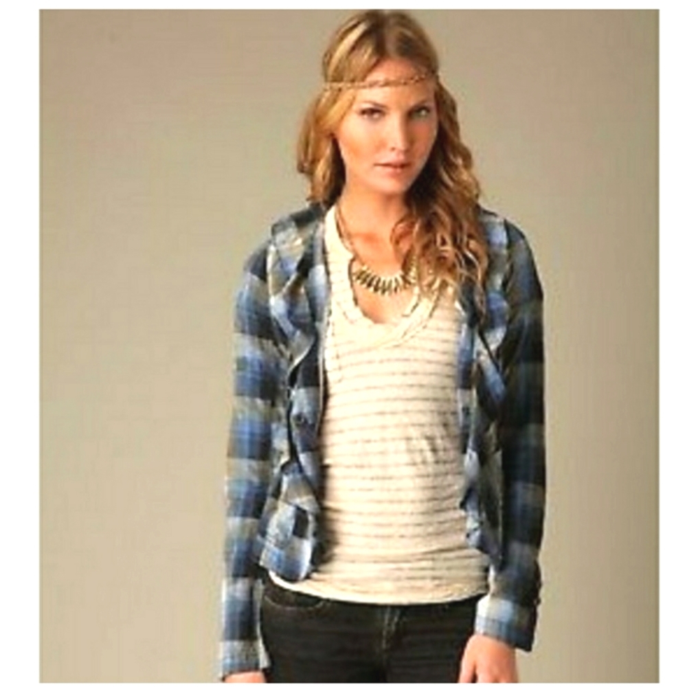 Free People Boho Plaid Blazer Ruffles Blue 6